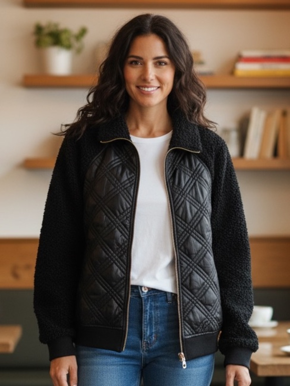 Ruby Rd Womens‎ Black Mixed Media Sherpa Quilted Puffer Zip Jacket
